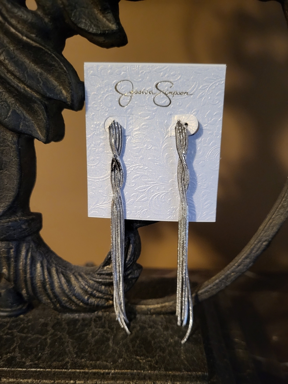 Jessica Simpson Silver Twisted Chain Tassel Earrings